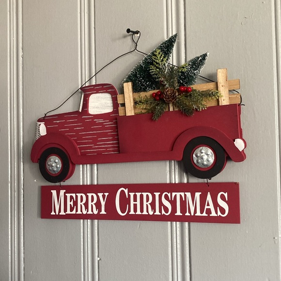 NWT- Red Farmtruck- Merry Christmas Wooden Decor Sign w/ Bottle Brush Trees 🌲 - Picture 11 of 17